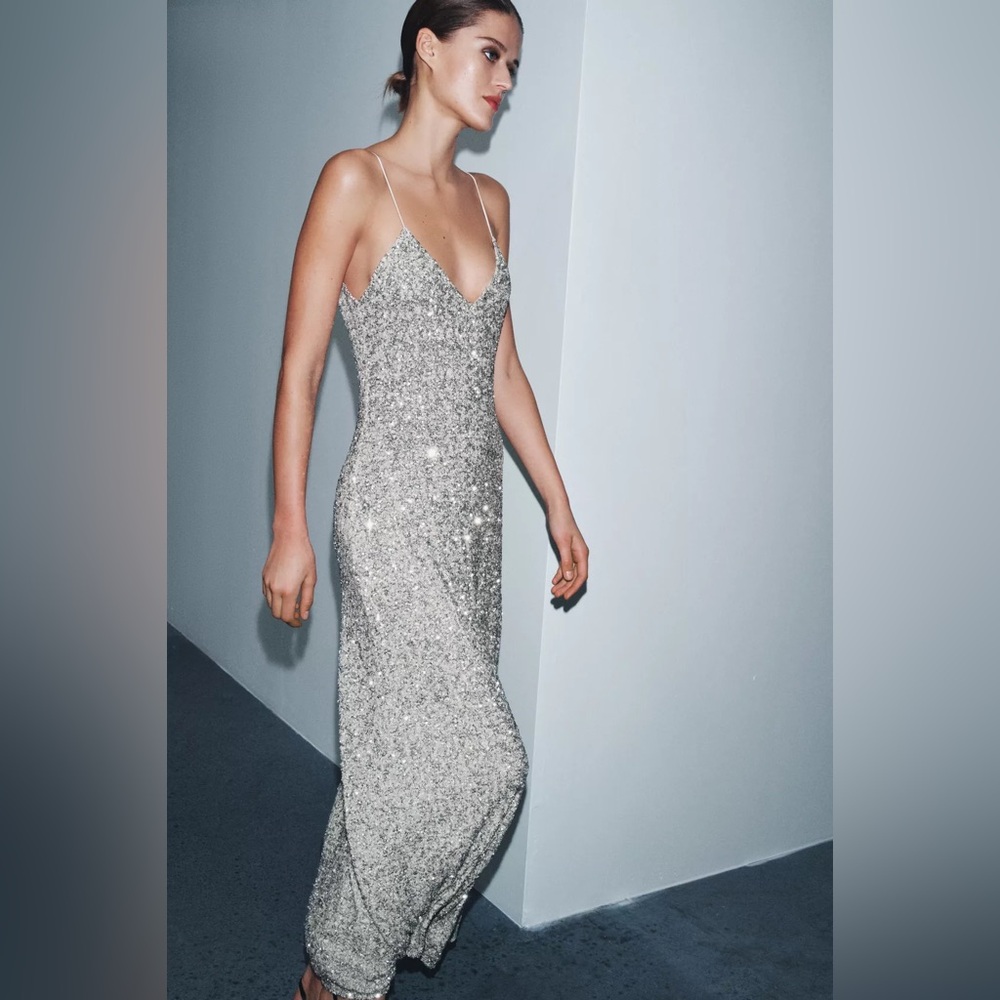Zara long sequin silver v-neck midi dress sz.XS - Picture 5 of 13
